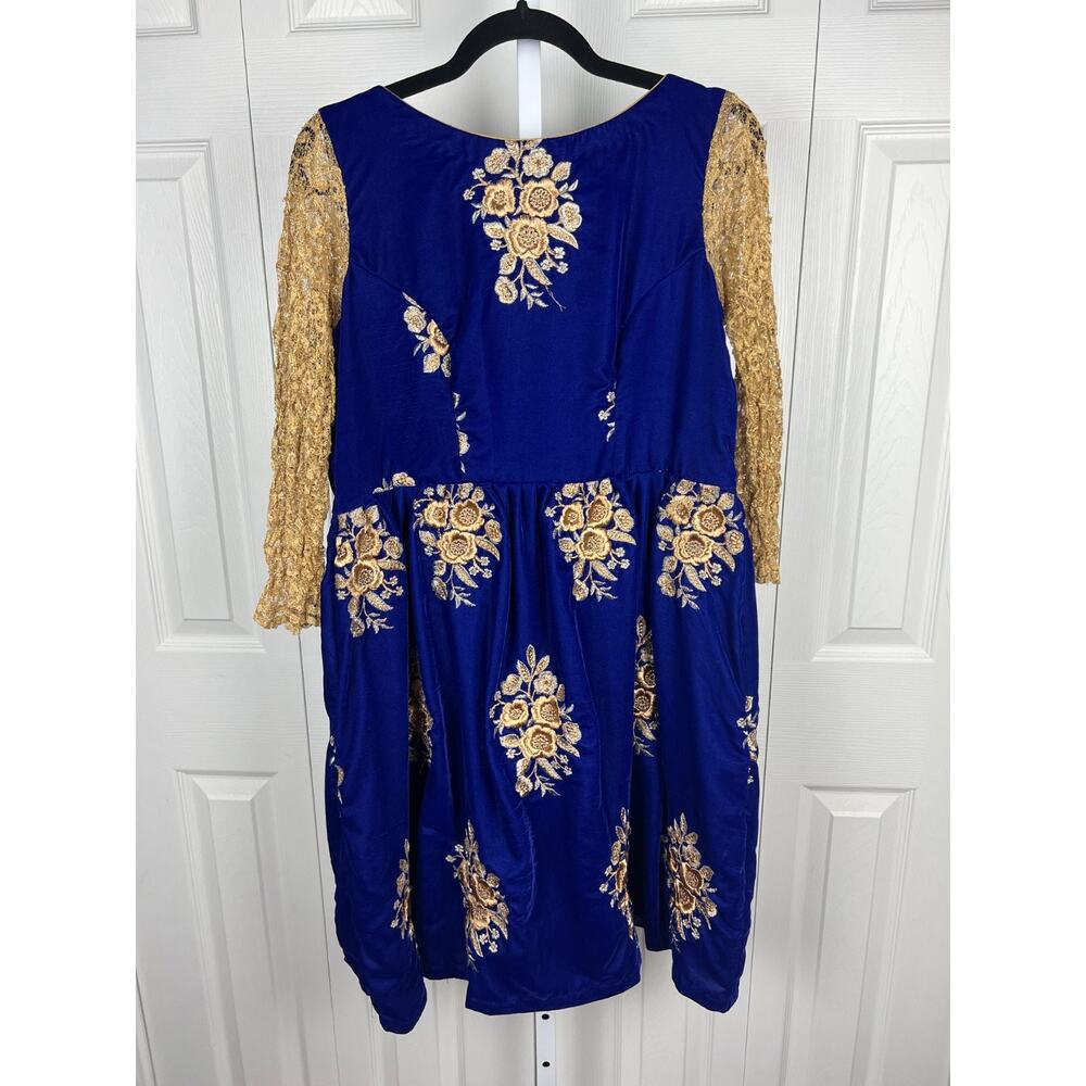 Handmade Embroidered Velvet Dress Folk Fairycore Whimsigoth Blue Gold Girls L - Picture 6 of 8